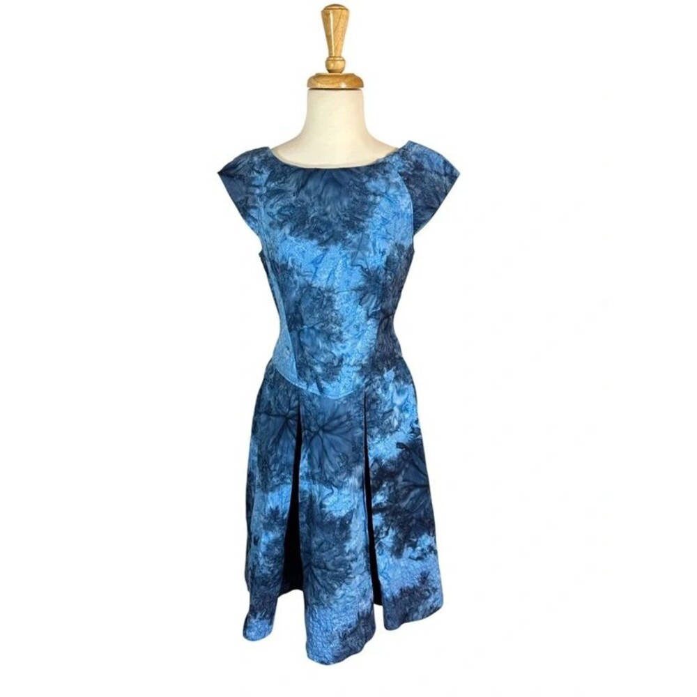 Custom Hand Made Blue Tie Dye Fit Flare Dress Red Stitch Contrast